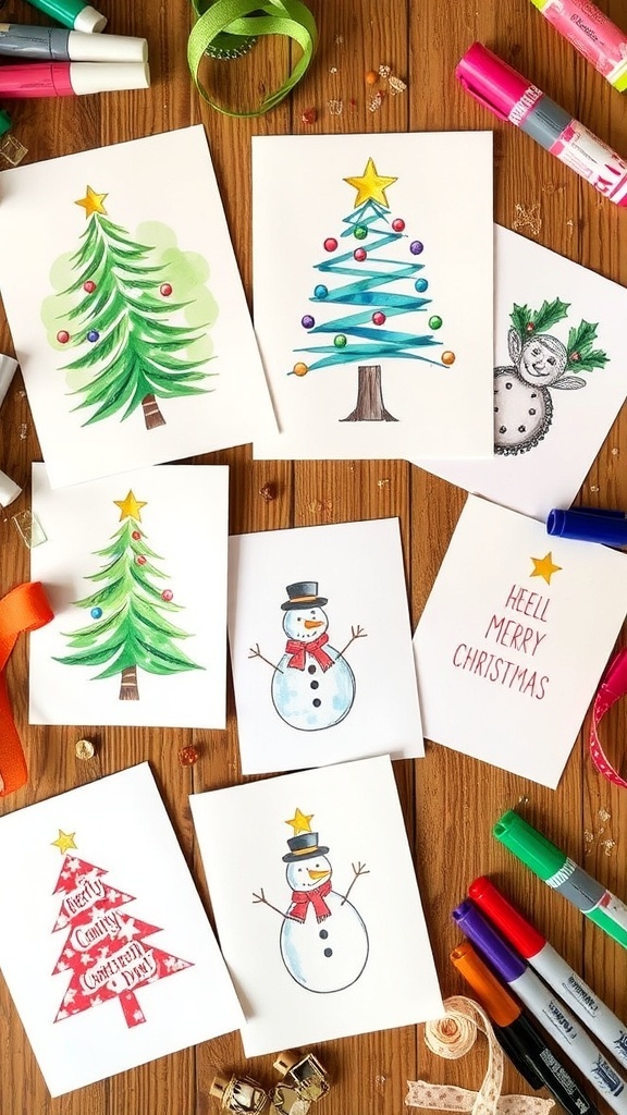 A variety of handmade Christmas cards with different designs on a crafting table with supplies.